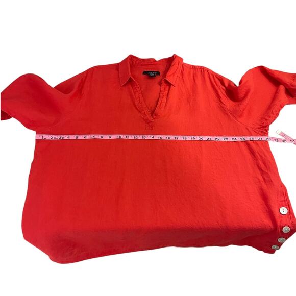 Tahari 100% Linen V-Neck Tunic Top Coral Red Sz 2X Effortless Timeless Vacation - Picture 5 of 8